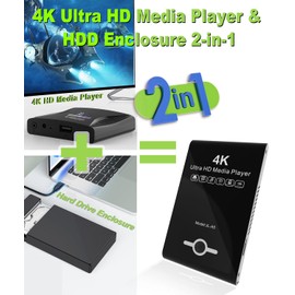 4K Ultra HD Media Player & HDD Enclosure 2-in-1 - Play H.265/HEVC H.264/AVC MP4 MKV Videos MP3 Music JPG Photos, 4K 60fps HDMI, Analog AV Etc,Supports 2"/2.5"/3" SATA HDDs with USB/SD Card Expansion