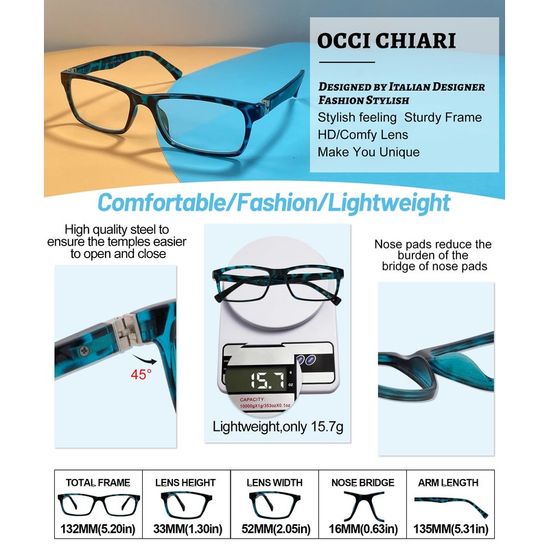 OCCI CHIARI Bifocals Reading Glasses for Men,Transition Square Eye Protection