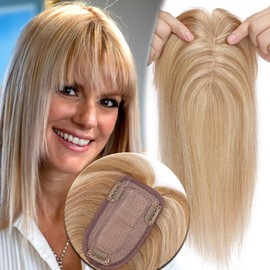MY-LADY Human Hair Toppers for Women Real Remy Hair 150% Density 7 * 13CM Silk Base with Bangs Clip in Hair Pieces Straight Hairpiece for Thinning Hair 6 Inch Golden Brown & Bleach Blonde