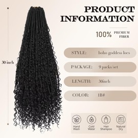 Boho Goddess Locs Crochet Hair - 9 Packs Boho Faux Locs Crochet with Curly Ends, Boho Soft Locs 30 inch, River Hair with Curls for Black Women (30Inch, 1B#)