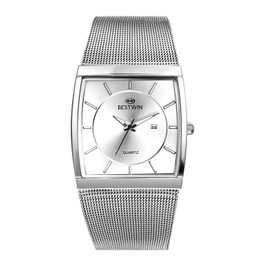 JewelryWe Herrenuhr Quadratische Leuchtende Uhr: 3ATM Wasserdicht Kalender Analog Quarz Armbanduhr Herren Silber Edelstahl Milanaise Mesh Armband Uhr mit Leuchtzeiger und Weiß Rechteckigem Zifferblatt