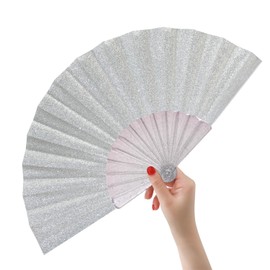 HeyToo 9inch Glitter Women Handheld Fan With Shining Transparent Fan Rib for Wedding,Church,Festival,Dance,Party Prom,Club,EDM Accessory Silver