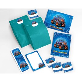 JuNa-Experts 16 Invitations for Children's Birthday Party Boy Monster Truck Including 16 envelopes, 16 gift bags, 16 stickers, 16 bookmarks, 16 blocks, party bags, Modern