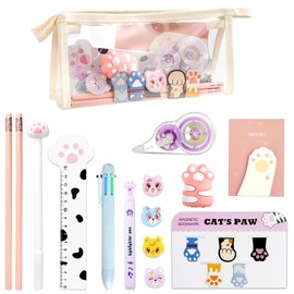 19 PCS Cute Cat Paw Stationery Set, Cartoon Mini Pencil Roller, Kawaii Magnetic Bookmarks, Correction Tape, Eraser, Multicolor Pens, Ruler, Highlighters Sticky Notes for Cat Lovers, Kids, School