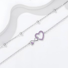 KoyeKei June Birthstone Layered Anklets for Women Purple Alexandrite Heart Infinity Ankle Bracelet 925 Sterling Silver Jewelry Anniversary Birthday Gifts for Wife