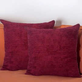 Seechoo Corduroy Cushion Covers, Set of 2, 45 x 45 cm, Striped, with Invisible Zipper, 18 x 18 Inch (Burgundy)