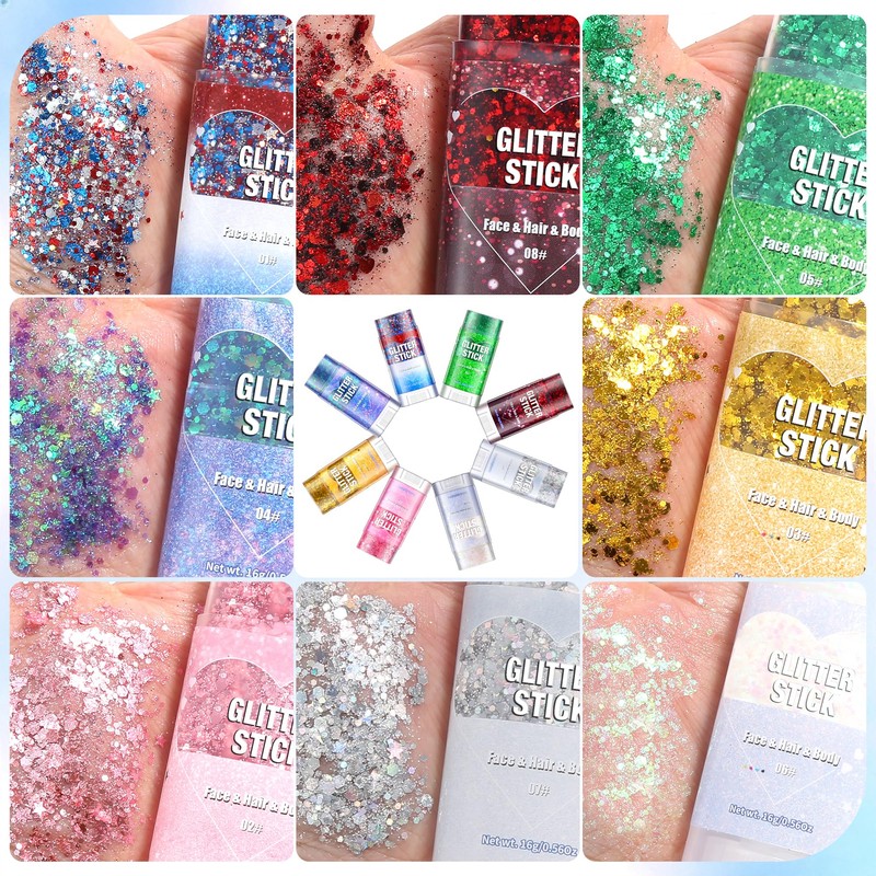 8pcs Glitter Stick, Face Glitter Stick,Sparkly Body&Hair Glitter for Kids