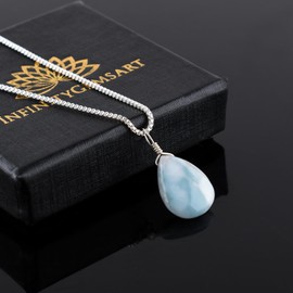 YANARA Larimar Jewelry For Women Christmas Gifts for Men/Women Natural Gemstone, Dainty Crystal Necklace, Chakra Healing Crystals, Silver Plated Chain 18 inch