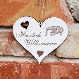 Herzlich Willkommen Sign, Aligator Crocodile, Decorative Heart, Wooden Welcome Sign, Door Sign, Door Decoration