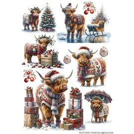 Wet Transfers Decals for Craft 8.25” x 11.75” Decor Transfers for Crafts, Wood, Glass, Furniture, Christmas Gifts, Junk Journal Supplies, Decoupage Supplies (Christmas Highland Calf)
