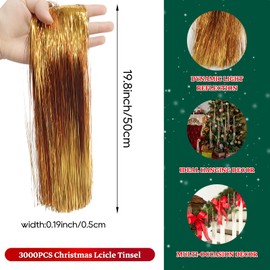 Pack of 3000 Strands Gold Christmas Icicle Tinsel Foil Fringes | 19.8 Inches, Christmas Tree Tinsel Curtain Decoration for Indoor Outdoor Winter Home Holiday New Year Eve Birthday Party Supplies