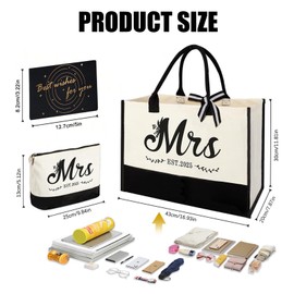 2025 Mrs Canvas Tote Bag with Leather Handle and Zipper Pocket, Comes with Makeup Bag and Greeting Cards, Ideal for Bride, Bridesmaid, Bachelorette, Engagement and Bridal Shower