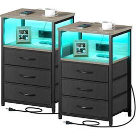 Seventable Nightstand with Charging Station and LED Light, Set of 2 Side Table with 3 Fabric Drawers, Bedside End Table with USB Ports and Outlets, Night Stand for Bedroom, Greige