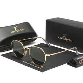 KINGSEVEN Polarized Sunglasses for Men Alloy Frame Round Sun Glasses with UV400 Protection (Gold G15)