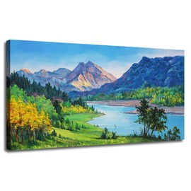 Ardemy Canvas Wall Art Nature Mountain Blue Stream Scenery Painting, Landscape Green Teal Panoramic Picture Artwork Framed for Home Office Living Room Bedroom Wall Decor One Panel 40"x20"