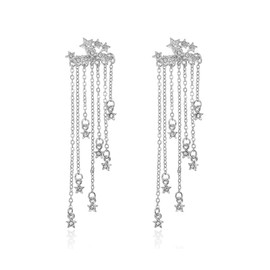Cimenexe Bohemian Paved Star Chain Earrings Cz Waterfall Tassel Earrings Crystal Shooting Star Drop Earrings Tiny Star Ear Crawler Earring Silver Star Stud Earrings Jewelry for Women Girls (Silver)