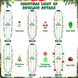 6PCS Light Up Christmas Necklace, 35.4" Christmas Accessories, Colorful Bulbs Christmas Lights Necklace, Kids Christmas Party Favors Xmas Trees Snowmen Christmas Bell Necklace Ugly Sweater Bulk