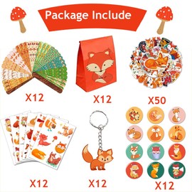 YYMYMGJ Fox Party Favors 110 PCS Fox Theme Slap Bracelets Sticker Key Chains Badge Temporary Tattoos Gift Bags for Kids Woodland Creatures Fox Birthday Party Baby Shower Jungle Safari Party Supplies