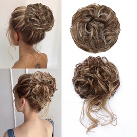 YOLANFAIRY 2PCS Messy Bun Hair Piece Wavy Curly Tousled Updo Hair Buns Synthetic Chignon Elastic Hair Band Fake Bun Hair Pieces for Women (Brown Mix Ash Blonde, 2PCS Diverse)