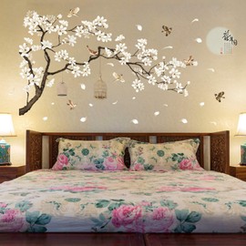 Wall Tattoo Flowers and Birds Tree, Wall Sticker Peach Blossom Cherry Blossom Plum Blossom Home Decor Wallpaper for Wall Stickers Mural Pictures Living Room Bedroom Children's Room Decoration