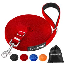 SuplutuX Recall Lead 15 m for Dogs with Storage Bag, Robust Dog Lead for Large Dogs and Small Dogs, Training Lead with D Carabiner and Handle Pad (Red)