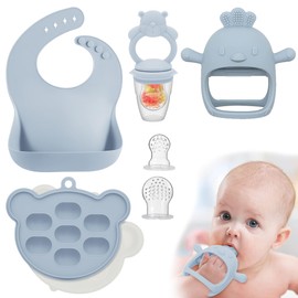 uunida baby Mordedera para Bebe – Chupon para Frutas y Papilla Congelada – Set de Alimentación Complementaria Bebe de Silicona Libre de BPA - Bandeja para Congelar Leche Materna (Pollito Azul, Chupón, Bandeja y Babero)