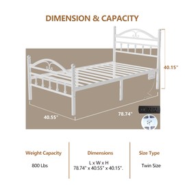 Samurbex 12 Inch Twin Size Bed Frames with Charging Station,White Metal Platform Bed Frame with LED Lights,Heavy Duty Metal Steel Slats Support,No Box Spring Needed,Noise Free,Easy to Assemble