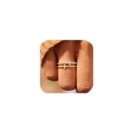 Double Cross Ring 18k Gold Plated 925 Sterling Silver Cubic Zirconia Simple Plain Stackable Statement Promise Rings Inspiration Christian Ring Faith Hope Love Cross Religious Ring Gift (Gold 7#)