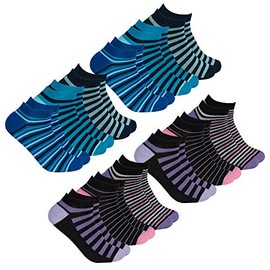 Metzuyan Ladies Bamboo Trainer Liner Socks Stripey Patterned 12 Pairs Blue & Purple Size UK 4-8