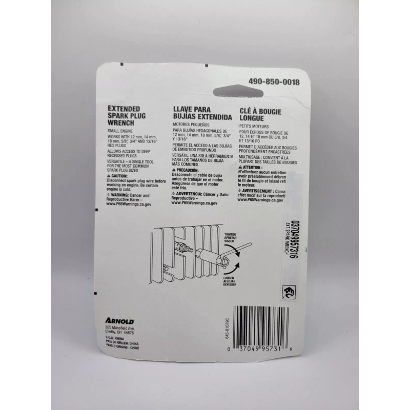 ARNOLD Extended Spark Plug Wrench Small Engine 490-850-0018 NEW never