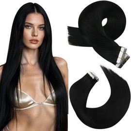Moresoo Black Hair Extensions Tape in Human Hair 18 Inch Skin Weft Human Hair Tape in Extensions Jet Black Remy Tape in Human Hair Extensions Black #1 20 Pieces 50 Grams