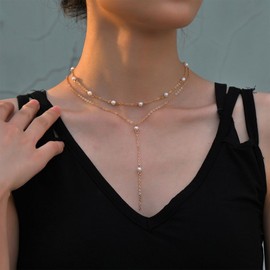 Pearl Choker for Women Long Pearl Lariat Necklace Gold Layered Pearl Beaded Chain Pendant Necklace Gold Pearl Jewelry for Women Girls Christmas Gifts