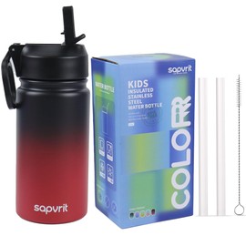 Water Bottle, 12oz Water Bottles with Straw and Stickers, Stainless Steel Vacuum Double Wall Insulated cup,Water Bottle for School, Gifts for Girls (12OZ BLACK RED)