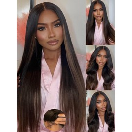 Julia Hair Chestnut Brown Ombre Yaki Straight 7x5 Pre Cut HD Lace Put On and Go Wig Bye Bye Knots Glueless Human Hair Wigs with Invisi Drawstring Pre Plucked Bleached Knots Beginner Friendly 18 Inch