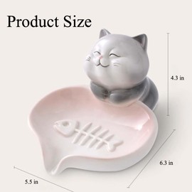 Stylish Cat Design Ceramic Soap Dish - Cute Draining Soap Holder for Bathroom Travel & Home Gift Use (Gray Cat)