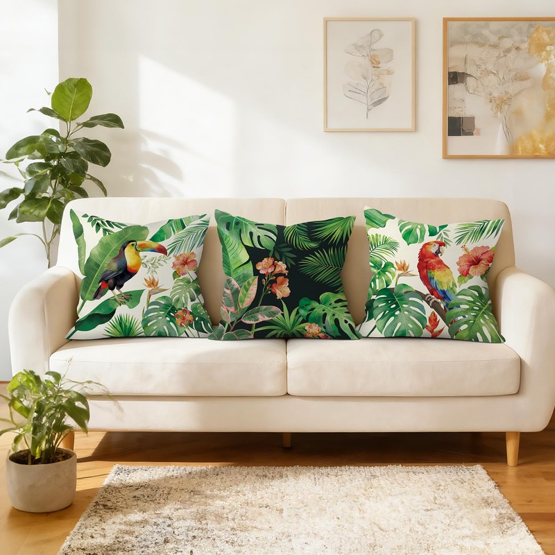 Joymaison 18x18 Set of 4 Tropical Green Leaves Throw Pillow