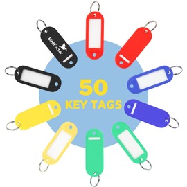 Pack of 50 Keyrings with Labels - 5 Colours, Plastic Box with Extra Labels, Key Tags and Key Tags with Ring Also for Pets, Luggage or USB Sticks