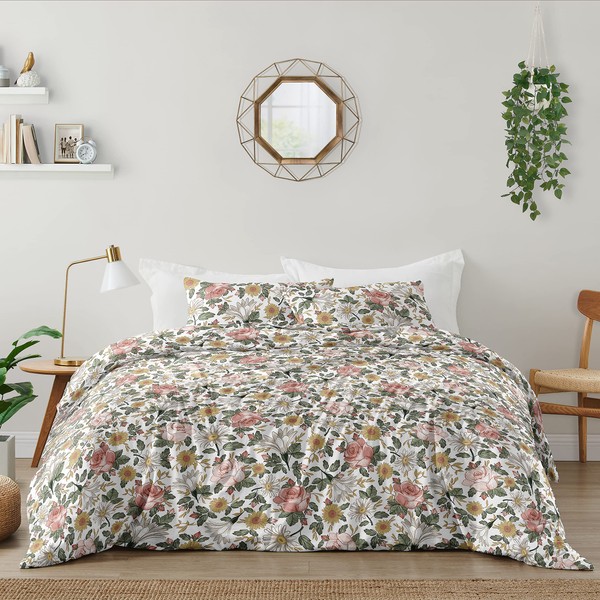 Sweet Jojo Designs Vintage Floral Boho Girl Full/Queen Size Kid Childrens Bedding Comforter Set - 3 Pieces - Blush Pink, Yellow, Green and White Shabby Chic Rose Flower Farmhouse