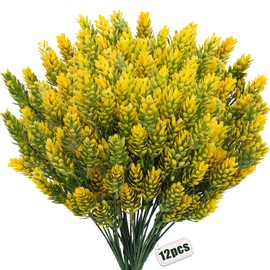 RECUTMS 12 Pack Artificial Stem Faux Greenery Picks Fake Stems Plants Plastic Twigs Shrubs Artificial Pine Branches Outdoor Fake Flowers Decor for Indoor Porch (Yellow)