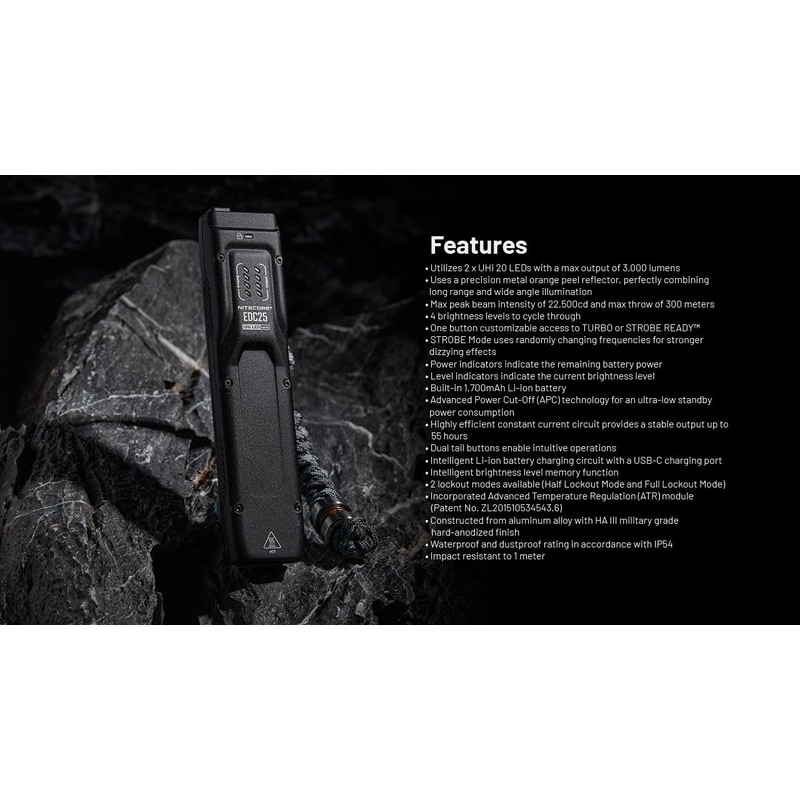 Nitecore EDC25 3000 Lumen Flat EDC Flashlight, USB-C Rechargeable Dual