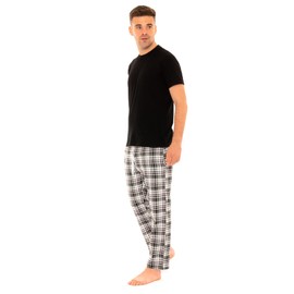 Style It Up Mens Woven Pyjamas Cotton PJ Set Short Sleeve Crew Lounge Top Soft Check Pants (Black, Black-Green, X-Large)