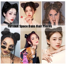 Furimuk 2PCS Space Buns Hair Pieces, Mini Claw Clip in Messy & Cat Ears Fake Hair Bun Extensions Scrunchies, Wig Accessory for Women (Brownish black)