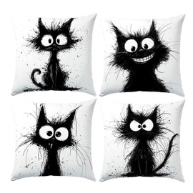 SEVENWELL Cat Cushion Cover 45x45cm Set of 4 Black Cat Gifts for Cat Lovers Pillow Cover Decor Home Livingroom Couch Bed Sofa Decorative Case 18"x18"