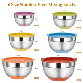Fyrnova Mixing Bowls with Lids Set, 6 Piece Stainless Steel Nesting Storage Bowls for Kitchen, with 3 Grater Attachments & Non-Slip Bottoms, Size 5.5,3.5,2.5,2.1,1.5,1.1 QT