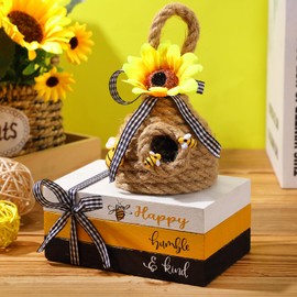 4 Pieces Bee Hive Decor, Bee Tiered Tray Decor, Sunflower Jute Bee Hive Decorations with 3 Pcs Wood Book Decor Honey Combs for Home Coffee Table Bookshelf Farmhouse Kitchen Summer Spring Decor