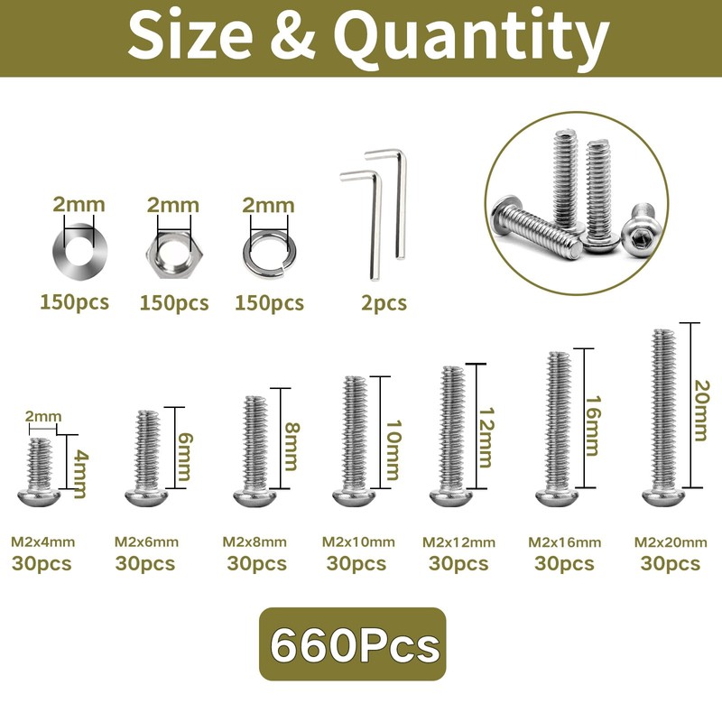 Zmbroll 660Pcs M2 Button Head Hex Socket Screws 304 Stainless