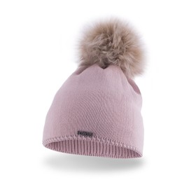 PaMaMi Winter Ladies Hat Warm Winter Hat with Artificial Fur Pom - Slouch Beanie Ladies - Pom Hat for Ladies - Fleece Lined Ladies Hat - pink