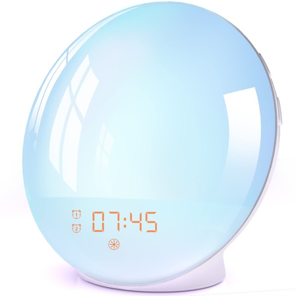 Wake Up Light Alarm Clock Sunrise Sunset Simulation Alarm Clock with Two Alarms, 7 Natural Sounds, FM Radio, Snooze Function and 20 Brightness, Night Light for Adults and Children