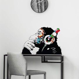 Banksy Vinyl Wall Sticker Monkey with Headphones, Chimpanzee Listening to Music with Headphones, Street Graffities Sticker + Free Sticker Gift, Vinyl, 80 x 55 cm