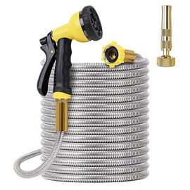 Metal Garden Hose 25FT, Stainless Water Hose with Adjustable Nozzle Sprayer - Color: yellow